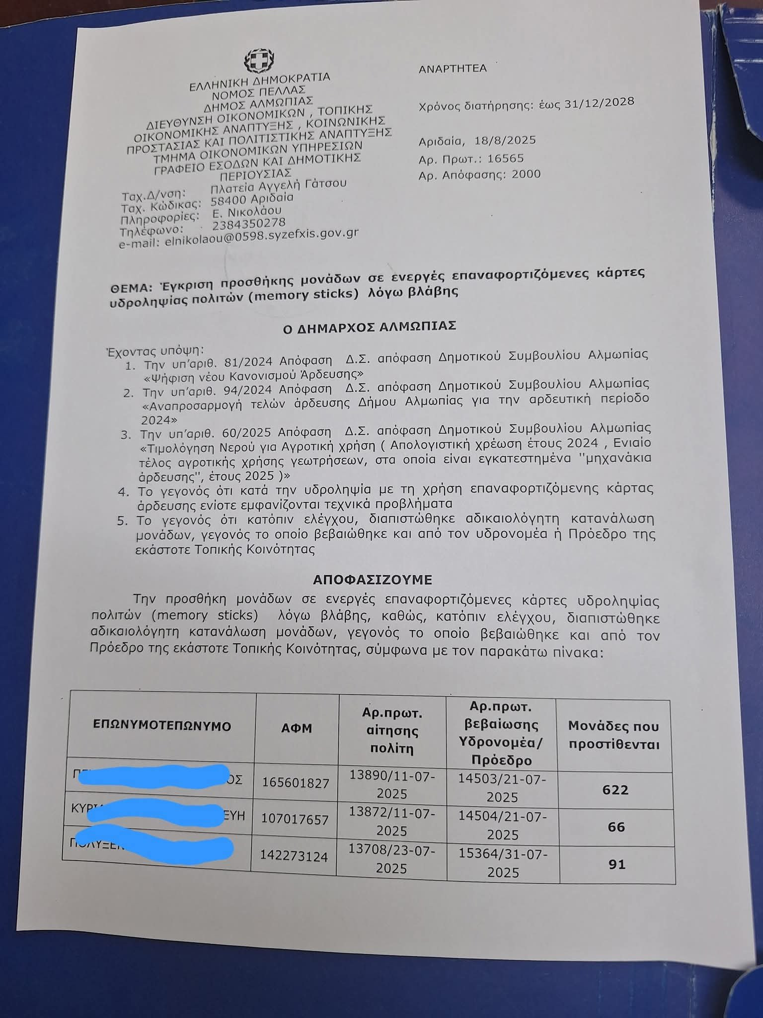 Παρέμβαση Δημάρχου Αλμωπίας για τις αποζημιώσεις αγροτών και τις παραβιάσεις μετρητών