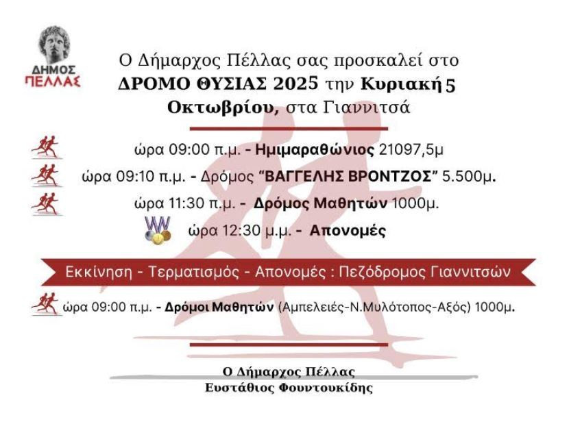 «Δρόμος Θυσίας Γιαννιτσών 2025» Όλα έτοιμα για την μεγάλη αθλητική γιορτή του Δήμου Πέλλας!