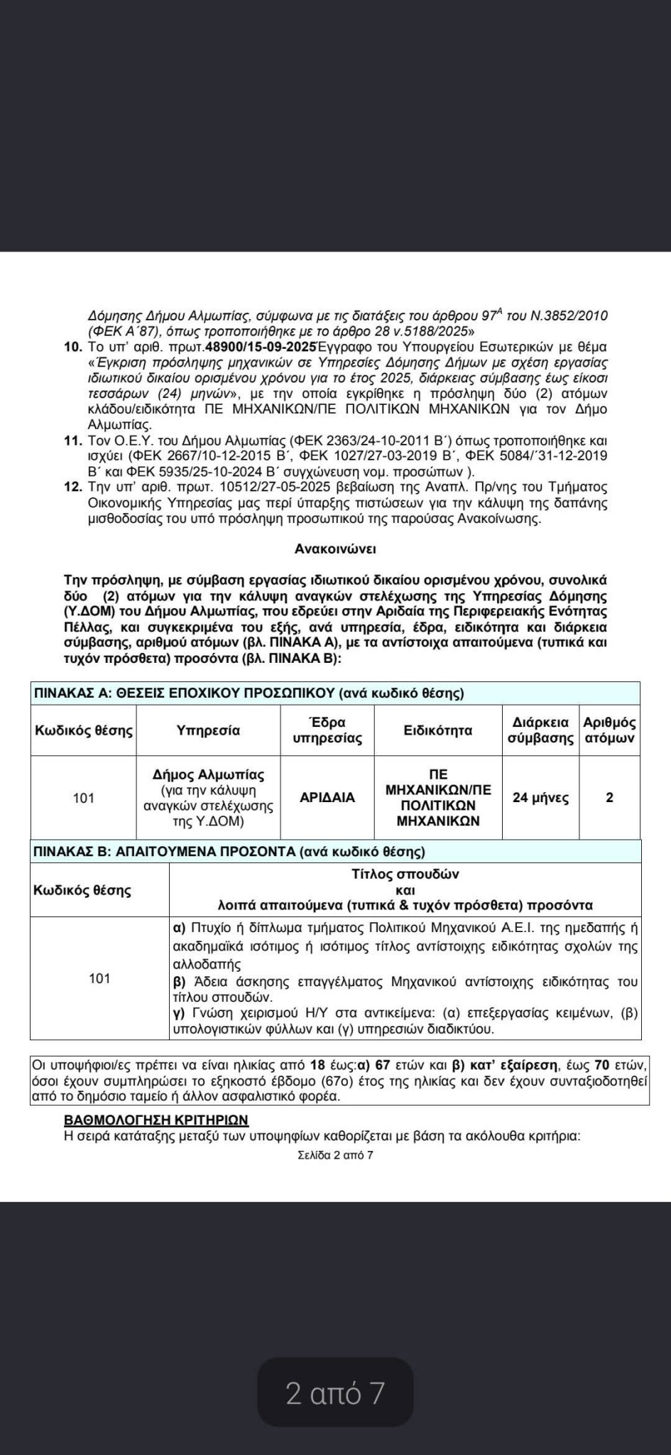 Προσλήψεις 2 μηχανικών ανακοίνωσε ο Δήμαρχος Αλμωπίας