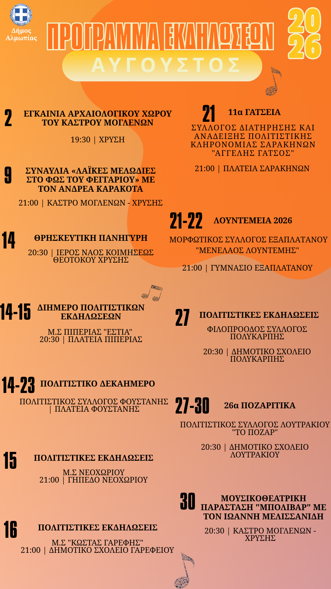 Αύγουστος γεμάτος πολιτισμό στον Δήμο Αλμωπίας – Αναλυτικά το πρόγραμμα των εκδηλώσεων