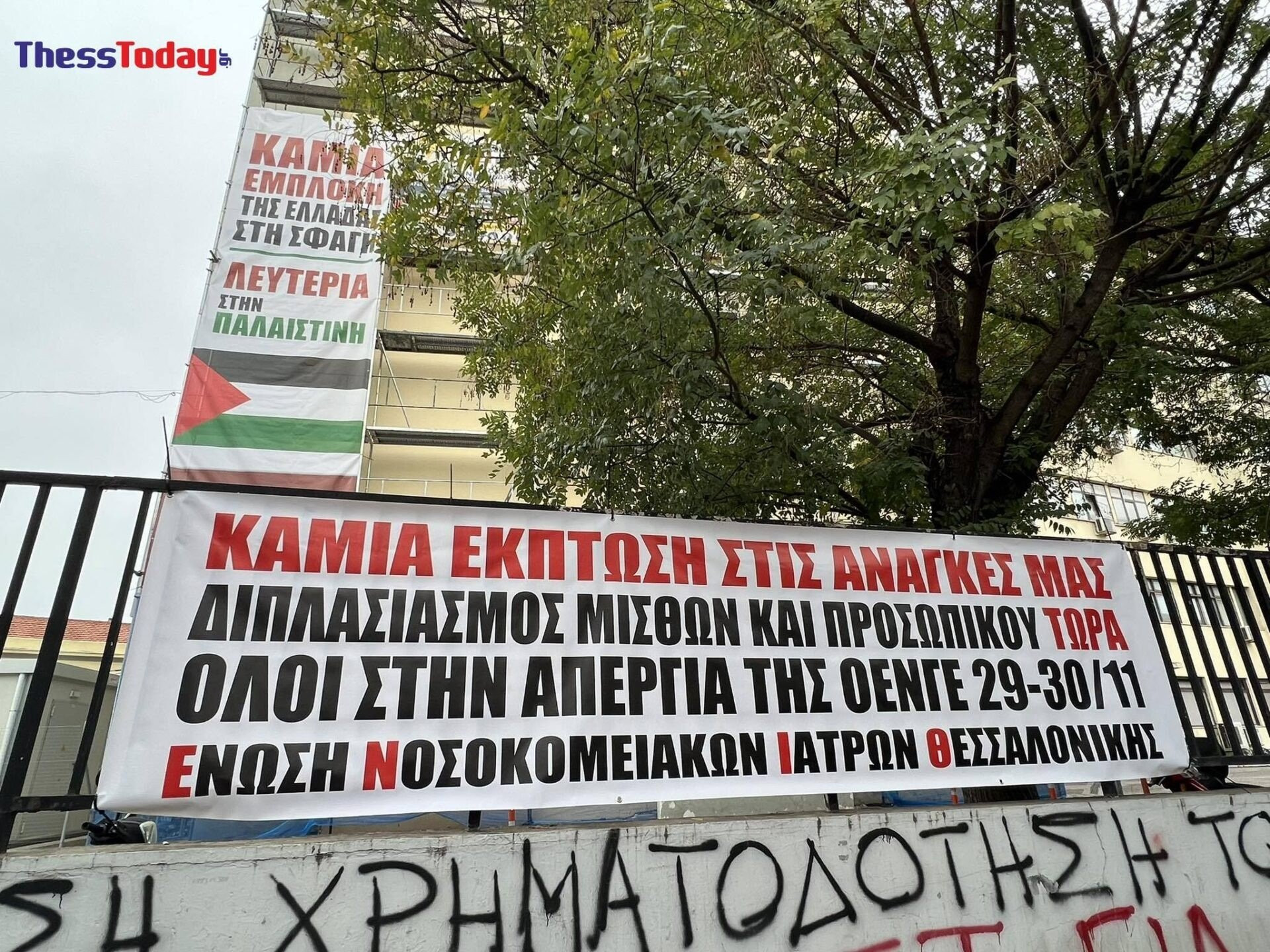 Θεσσαλονίκη: Γιγαντοπανό με τη σημαία της Παλαιστίνης στο Ιπποκράτειο – «Να σταματήσει τώρα η σφαγή»