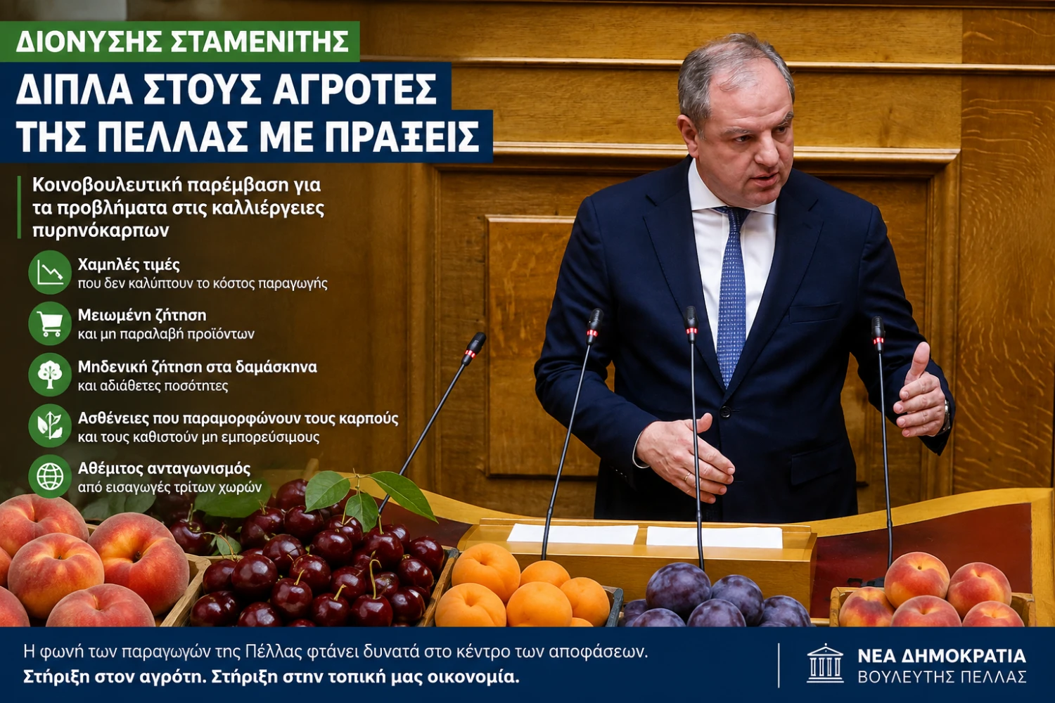 Διονύσης Σταμενίτης: Δίπλα στους αγρότες της Πέλλας με πράξεις – Παρέμβαση για τα πυρηνόκαρπα