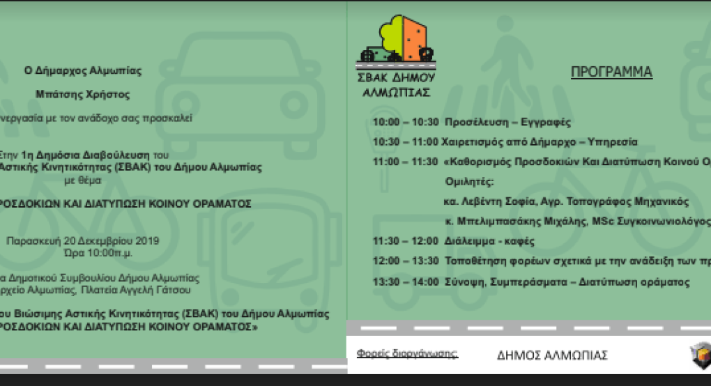 Πρόκληση στην 1η Δημόσια Διαβούλευση του Σχεδίου Βιώσιμης Αστικής Κινητικότητας (ΣΒΑΚ) του Δήμου Αλμωπίας με θέμα «ΚΑΘΟΡΙΣΜΟΣ ΠΡΟΣΔΟΚΙΩΝ ΚΑΙ ΔΙΑΤΥΠΩΣΗ ΚΟΙΝΟΥ ΟΡΑΜΑΤΟΣ