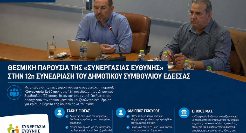 Θεσμική παρουσία της «Συνεργασίας Ευθύνης» στην 12η συνεδρίαση του Δημοτικού Συμβουλίου Έδεσσας