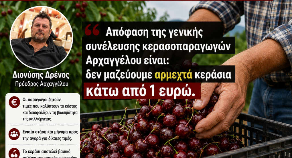 Απόφαση-ορόσημο από τους κερασοπαραγωγούς Αρχαγγέλου: «Δεν μαζεύουμε αρμεχτά κεράσια κάτω από 1 ευρώ»