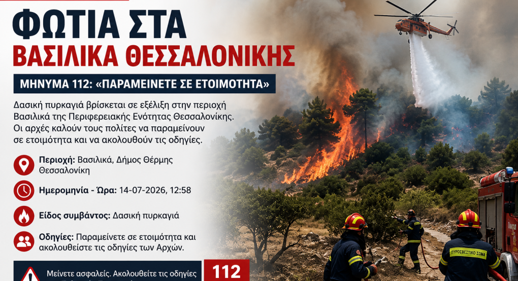 Έκτακτο: Φωτιά στα Βασιλικά Θεσσαλονίκης – Μήνυμα 112 για ετοιμότητα
