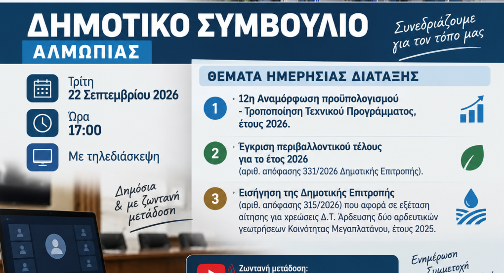 Δήμος Αλμωπίας: Τρία θέματα στο Δημοτικό Συμβούλιο της Τρίτης – Προϋπολογισμός και περιβαλλοντικό τέλος