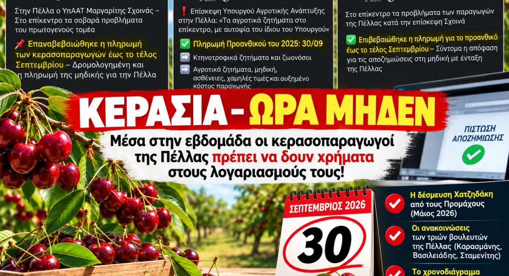 Κεράσια ωρα μηδέν: Μέσα στην εβδομάδα οι κερασοπαραγωγοί της Πέλλας περιμένουν χρήματα στους λογαριασμούς τους!