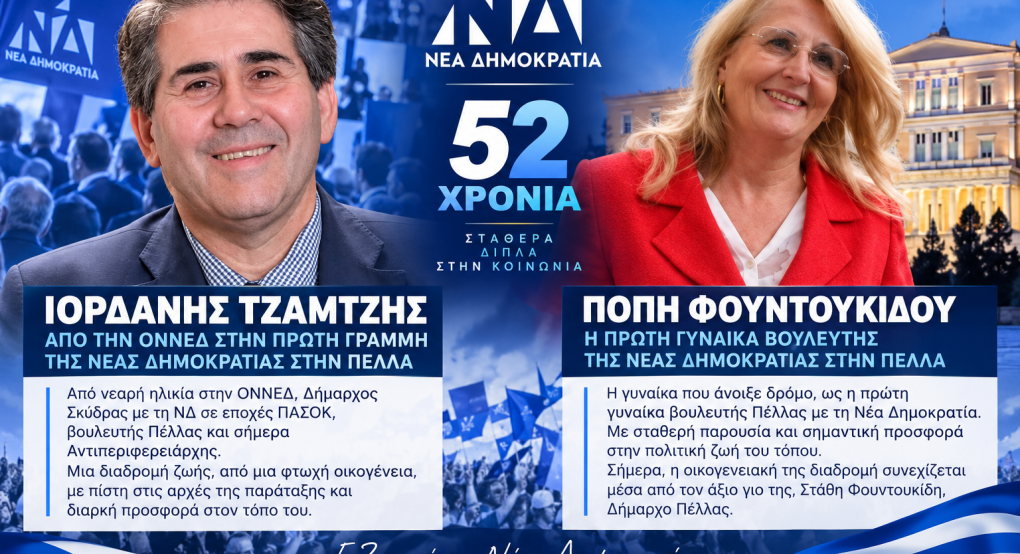 52 χρόνια Νέα Δημοκρατία: Δύο πρόσωπα–σημαίες της παράταξης στην Πέλλα