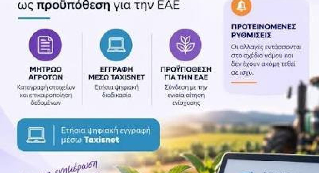 Οδηγίες εγγραφής στο Μητρώο Αγροτών και Αγροτικών Εκμεταλλεύσεων βάσει του νέου νόμου 5336/2026