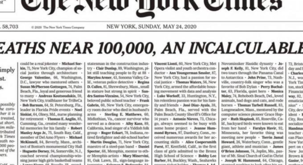Συγκλονίζει το πρωτοσέλιδο των New York Times: «Δεν ήταν απλώς ονόματα, ήταν εμείς»