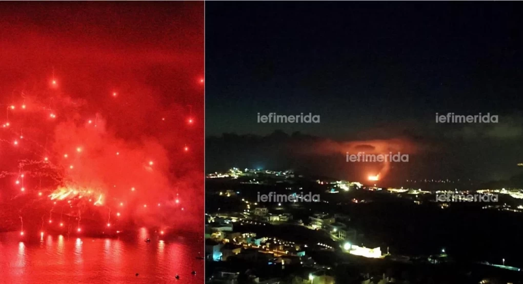 Εντυπωσιακή αναπαράσταση της «έκρηξης» στο ηφαίστειο Σαντορίνης -Τα πυροτεχνήματα έκαναν τη νύχτα... μέρα