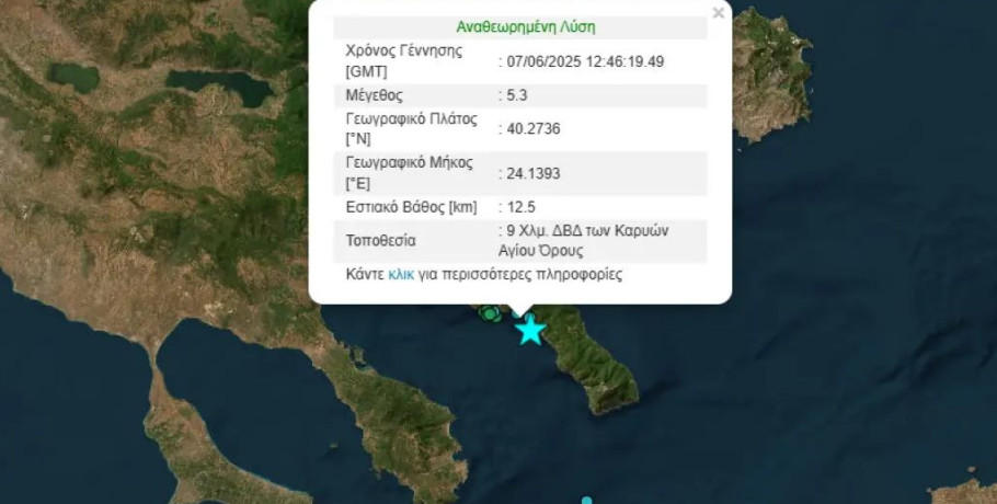 Σεισμός 5,3 Ρίχτερ στο Άγιο Όρος - Σε μικρή απόσταση από τις Καρυές το επίκεντρο
