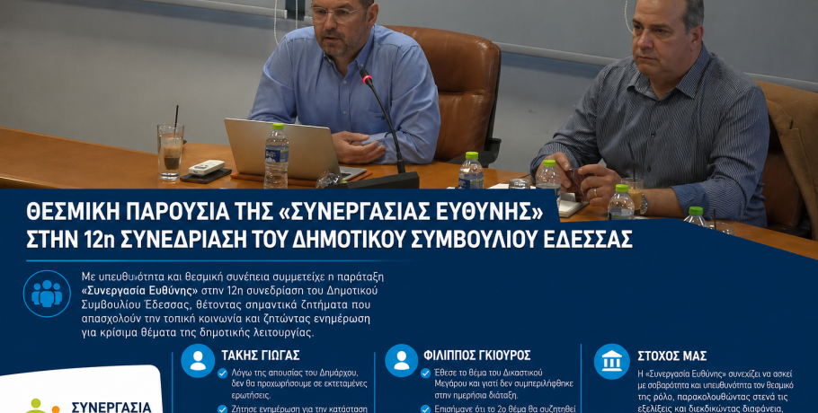 Θεσμική παρουσία της «Συνεργασίας Ευθύνης» στην 12η συνεδρίαση του Δημοτικού Συμβουλίου Έδεσσας