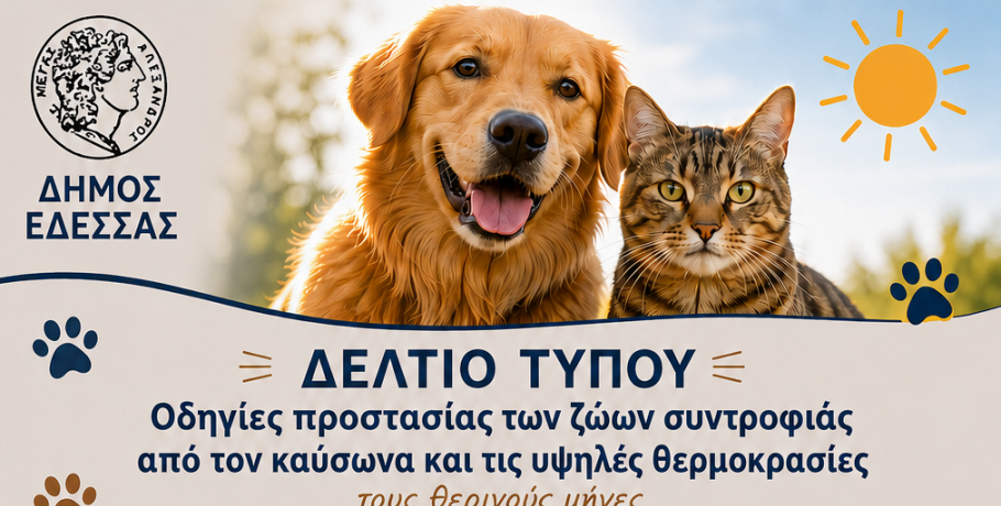 Δήμος Έδεσσας -Οδηγίες προστασίας των ζώων συντροφιάς από τον καύσωνα και τις υψηλές θερμοκρασίες τους θερινούς μήνες