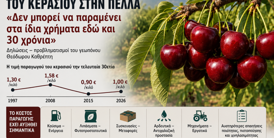 Ανησυχία για τις τιμές του κερασιού στην Πέλλα – «Δεν μπορεί να παραμένει στα ίδια χρήματα εδώ και 30 χρόνια», επισημαίνει ο γεωπόνος Θεόδωρος Καθρέπτης