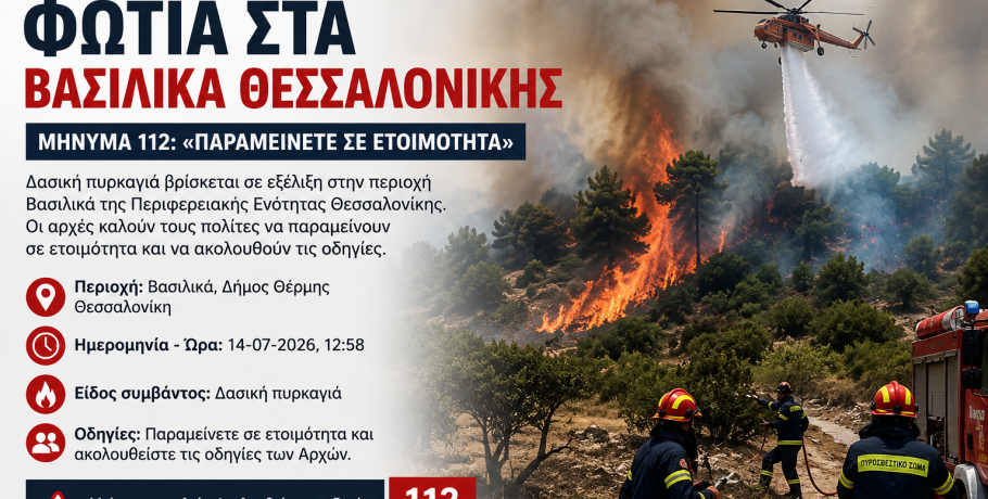 Έκτακτο: Φωτιά στα Βασιλικά Θεσσαλονίκης – Μήνυμα 112 για ετοιμότητα