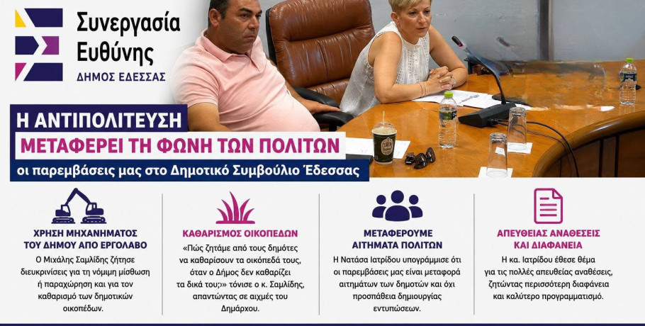 Συνεργασία Ευθύνης: Η αντιπολίτευση οφείλει να μεταφέρει τη φωνή των πολιτών – Οι παρεμβάσεις μας στο Δημοτικό Συμβούλιο Έδεσσας