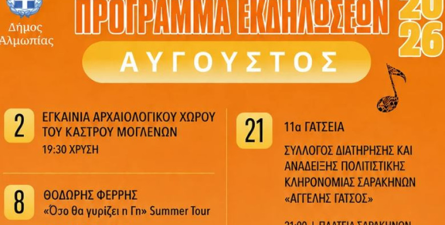 Δ. Αλμωπίας - Πρόγραμμα πολιτιστικών εκδηλώσεων Αυγούστου 2026