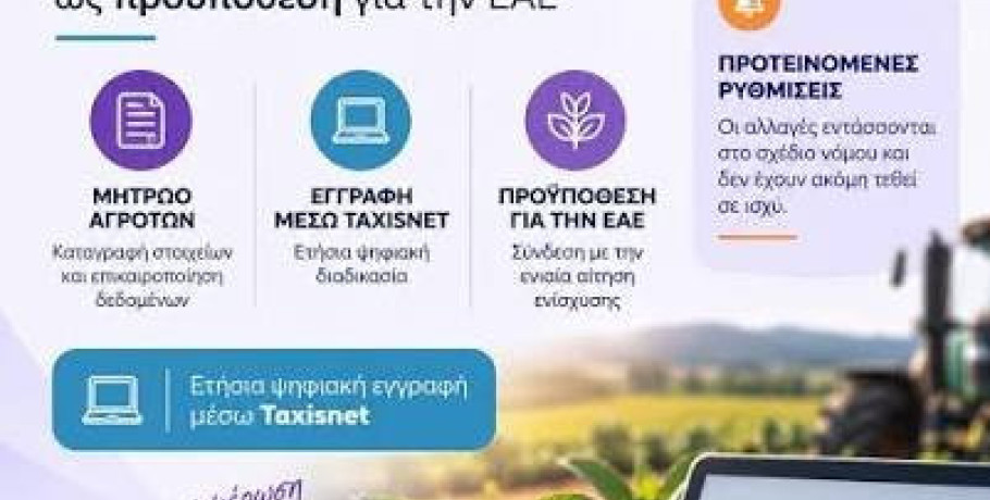 Οδηγίες εγγραφής στο Μητρώο Αγροτών και Αγροτικών Εκμεταλλεύσεων βάσει του νέου νόμου 5336/2026