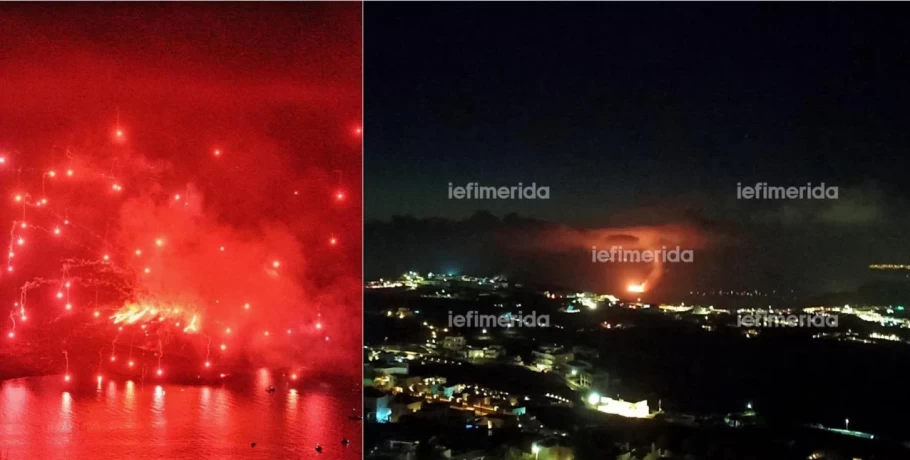 Εντυπωσιακή αναπαράσταση της «έκρηξης» στο ηφαίστειο Σαντορίνης -Τα πυροτεχνήματα έκαναν τη νύχτα... μέρα