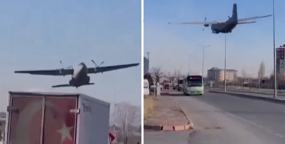 Τεράστιο στρατιωτικό αεροπλάνο περνά ξυστά πάνω από τα αυτοκίνητα στην Τουρκία – Έκανε αναγκαστική προσγείωση